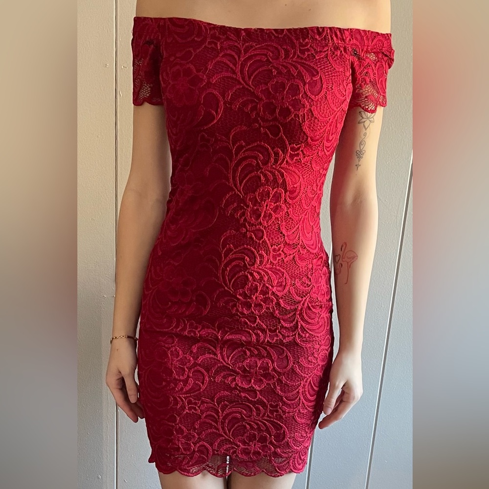Red mini, lace dress